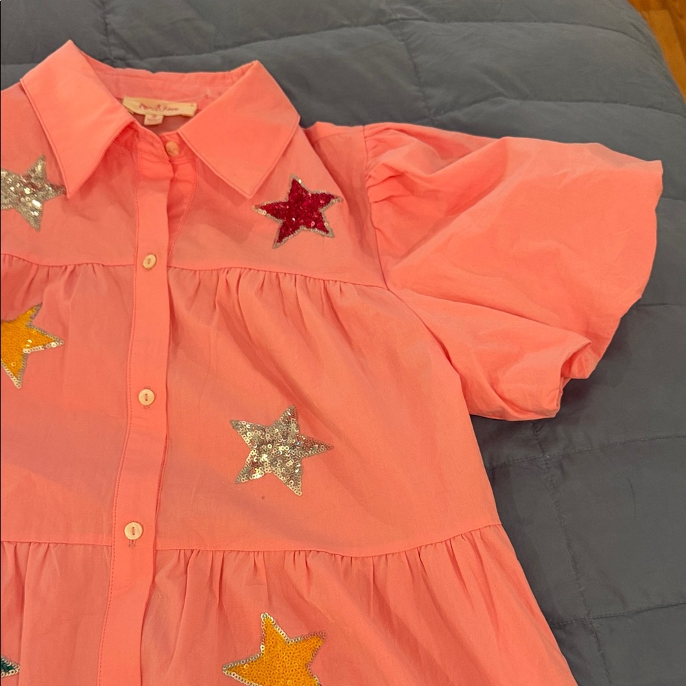 Girls' Pink Star-Sequin Tiered Shirt Dress - Picture 4 of 4